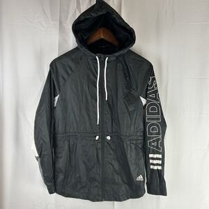 Adidas Women Sz XS‎ Black Wind Breaker Zip Up Hooded Jacket Cinched Waist